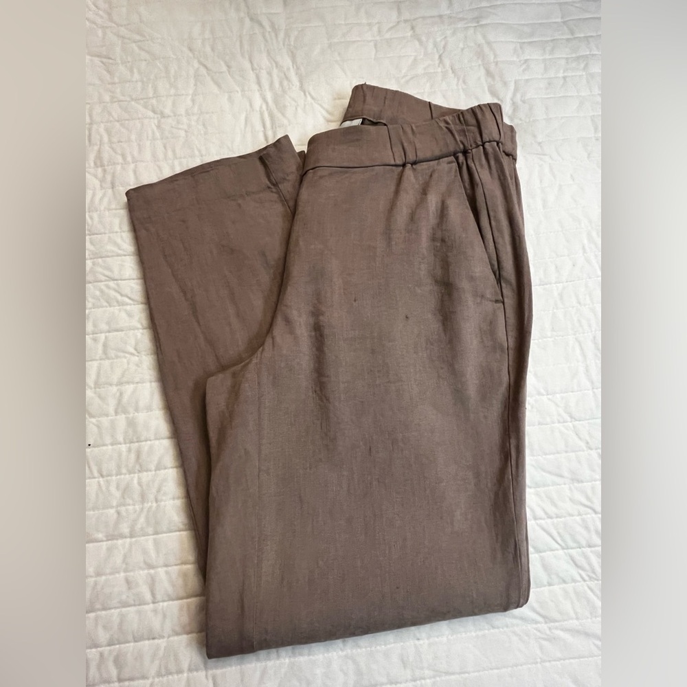 J Jill Tan Linen Stretch Pull On Pants With Pockets